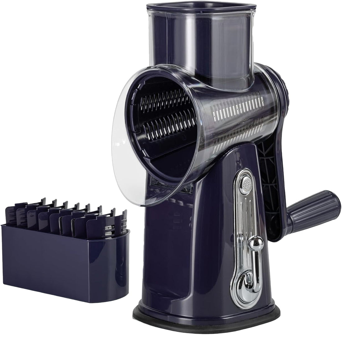 Razatoare Rotativa 5 in 1 Elindor® cu Maner, Lame din Otel Inoxidabil, Tocator Legume, Razatoare Branza, Nuci, Morcovi, Varza, Ustensila de Bucatarie, Design Compact, Multifunctional, Mov