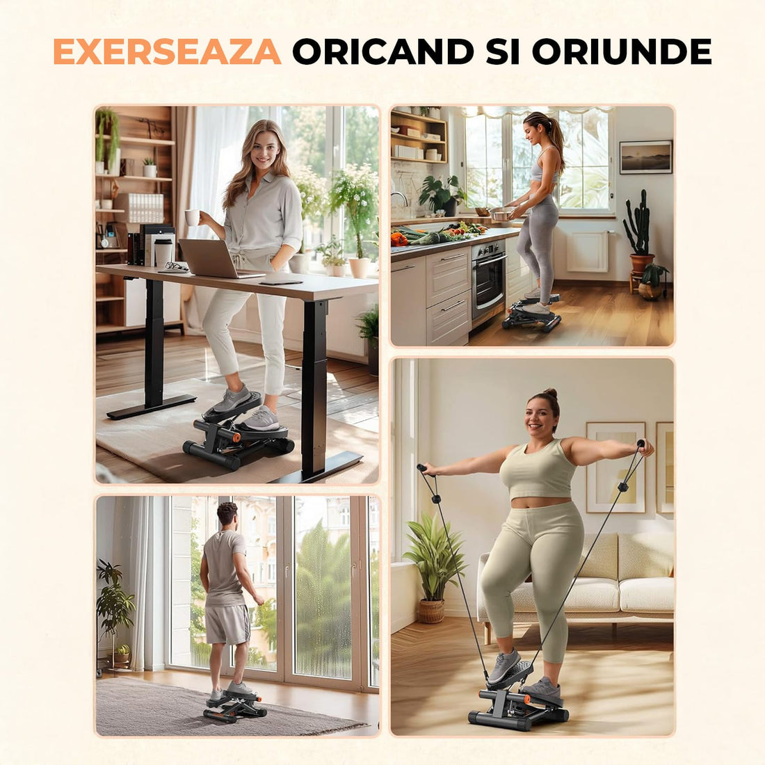 Stepper Compact Elindor® cu Benzi Fitness, Rezistență Hidraulică, Negru