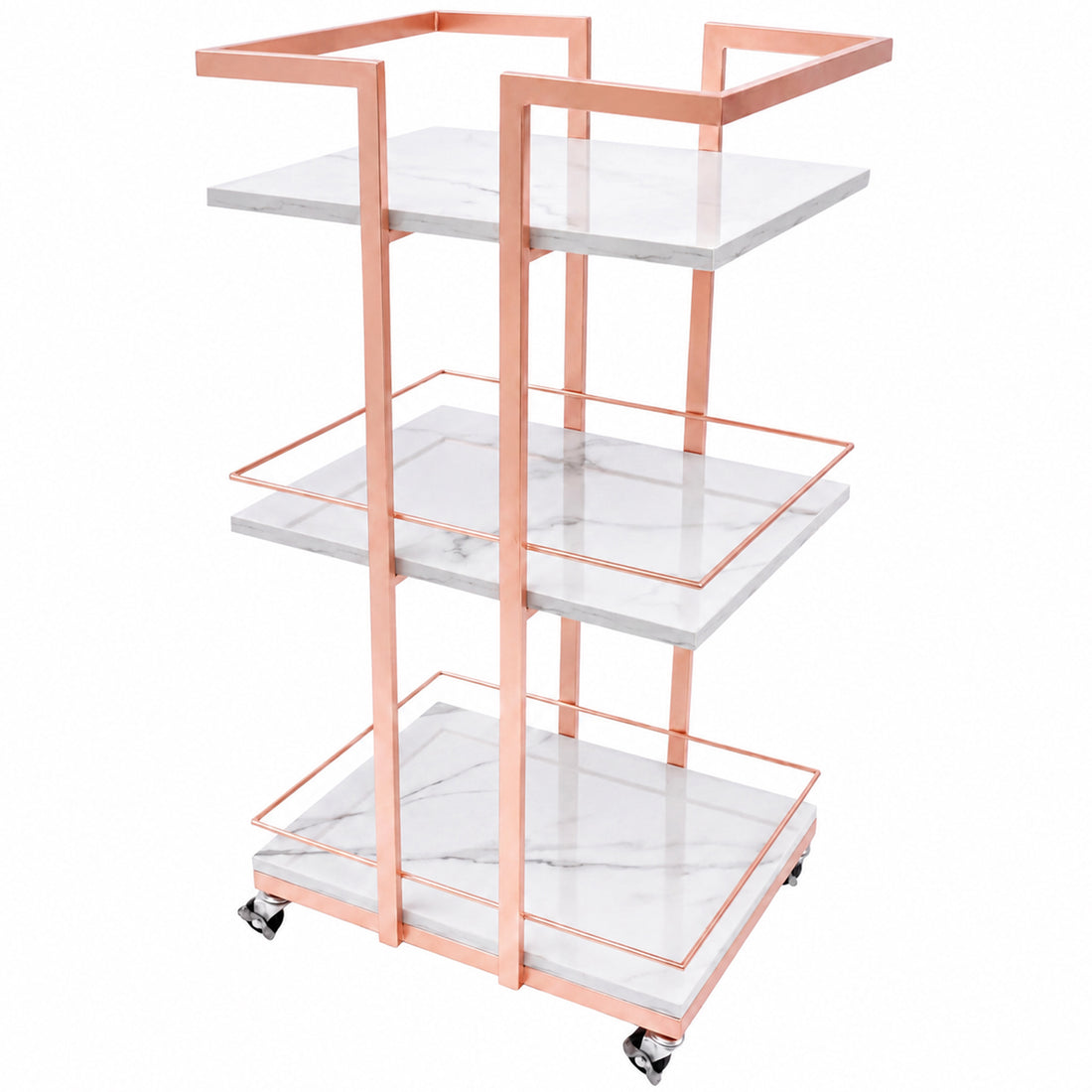 Carucior Organizator 3 Niveluri Elindor® , cu Roti 360°, Organizator Baie, Multifunctional, Raft Mobil Organizare Salon, Bucatarie, Camara, Birou, Bar, 76 x 33 x 43 cm, Rose Gold