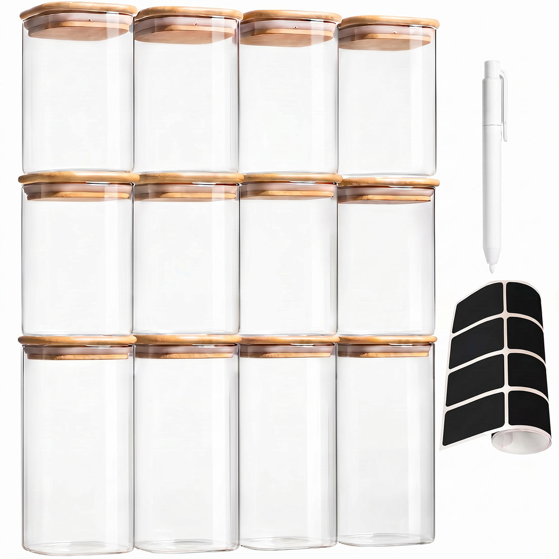 Set 12 Borcane din Sticla Elindor® cu Capac Ermetic din Bambus, Borcan 1000 - 600 ml, Marker si Etichete Incluse, Ideal pentru Condimente, Fructe Uscate, Zahar, Cafea, Recipient Depozitare in Bucatarie, 20.5-12.5 × 8 cm, Transparent