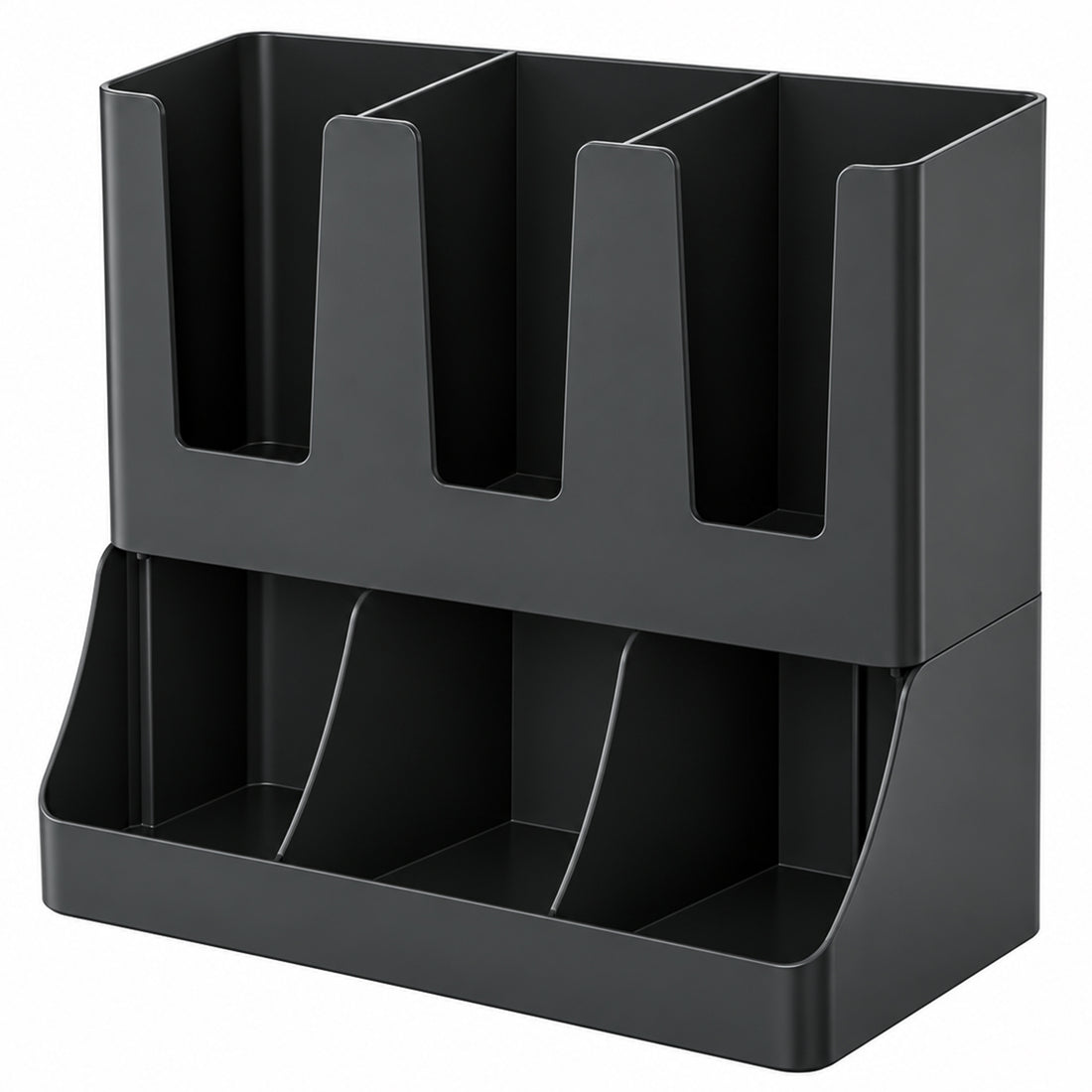 Organizator Multifunctional Elindor® pentru Bucatarie, Cafea si Birou, 6 Compartimente, Suport pentru Pahare, Capace, Pliculete si Accesorii, Design Compact, Ideal pentru Cafenele, Localuri, Acasa, ABS, 29.8 x 13.8 x 29.2 cm, Negru