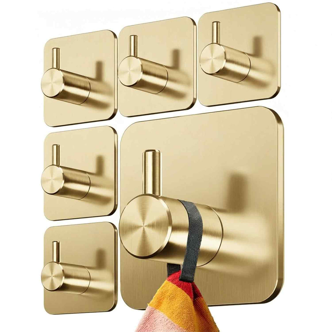 Set 6 Carlige Adezive Elindor® din Otel Inoxidabil, Montare Fara Gaurire, Greutate Mxima Suportata 10 kg, Design patrat si Colturi Rotunjite, Instalare Usoara, Ideal pentru Baie, Bucatarie sau Birou, 4.5 x 4.5 cm, Auriu