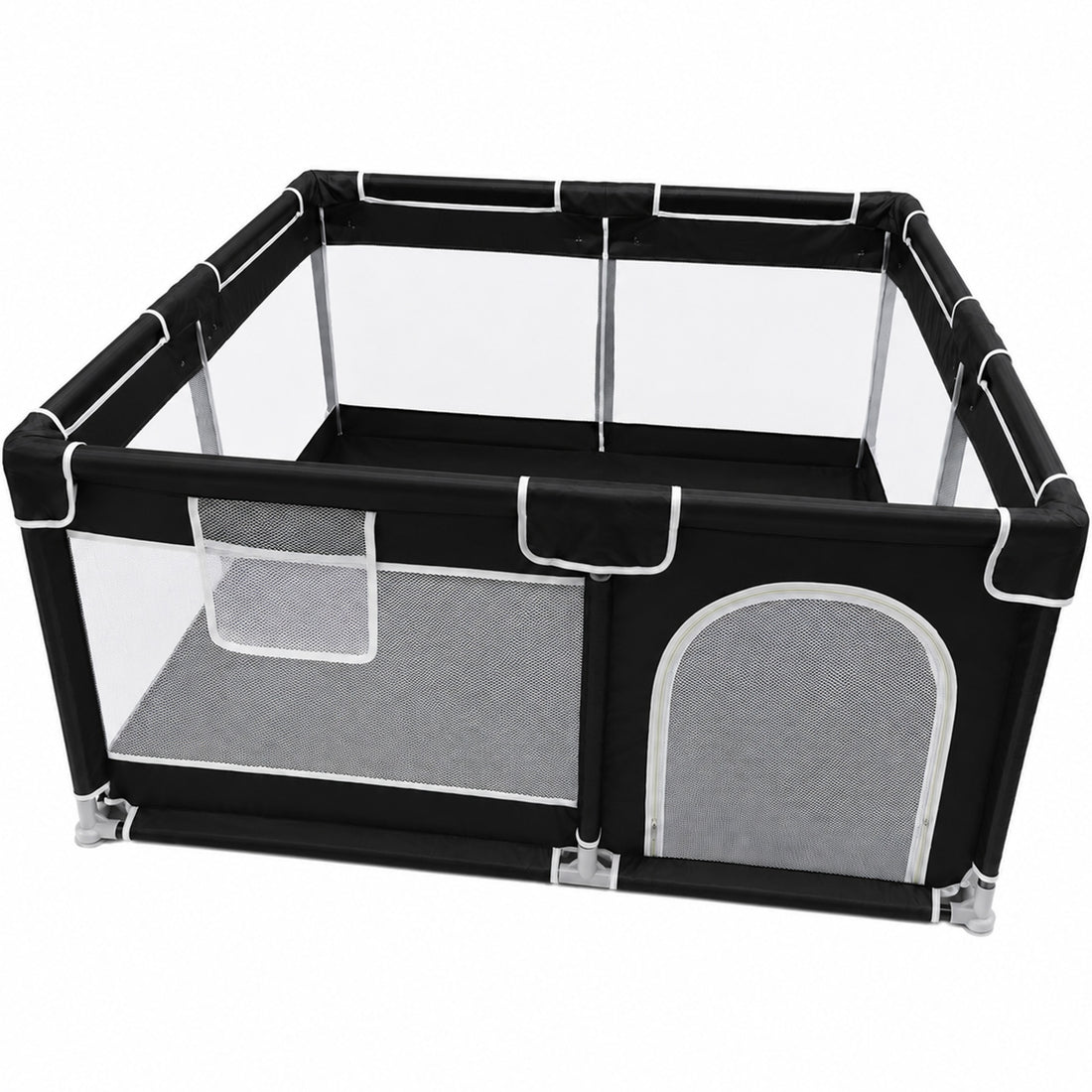 Tarc de Joaca pentru Bebelusi si Copii Elindor® Spatiul Sigur de Joaca, Plasa de Protectie, Include Usa cu Fermoar, Materiale Eco-Friendly și Non-Toxice, Varsta 0-5 ani, 200 x 150 x 65 cm, Negru