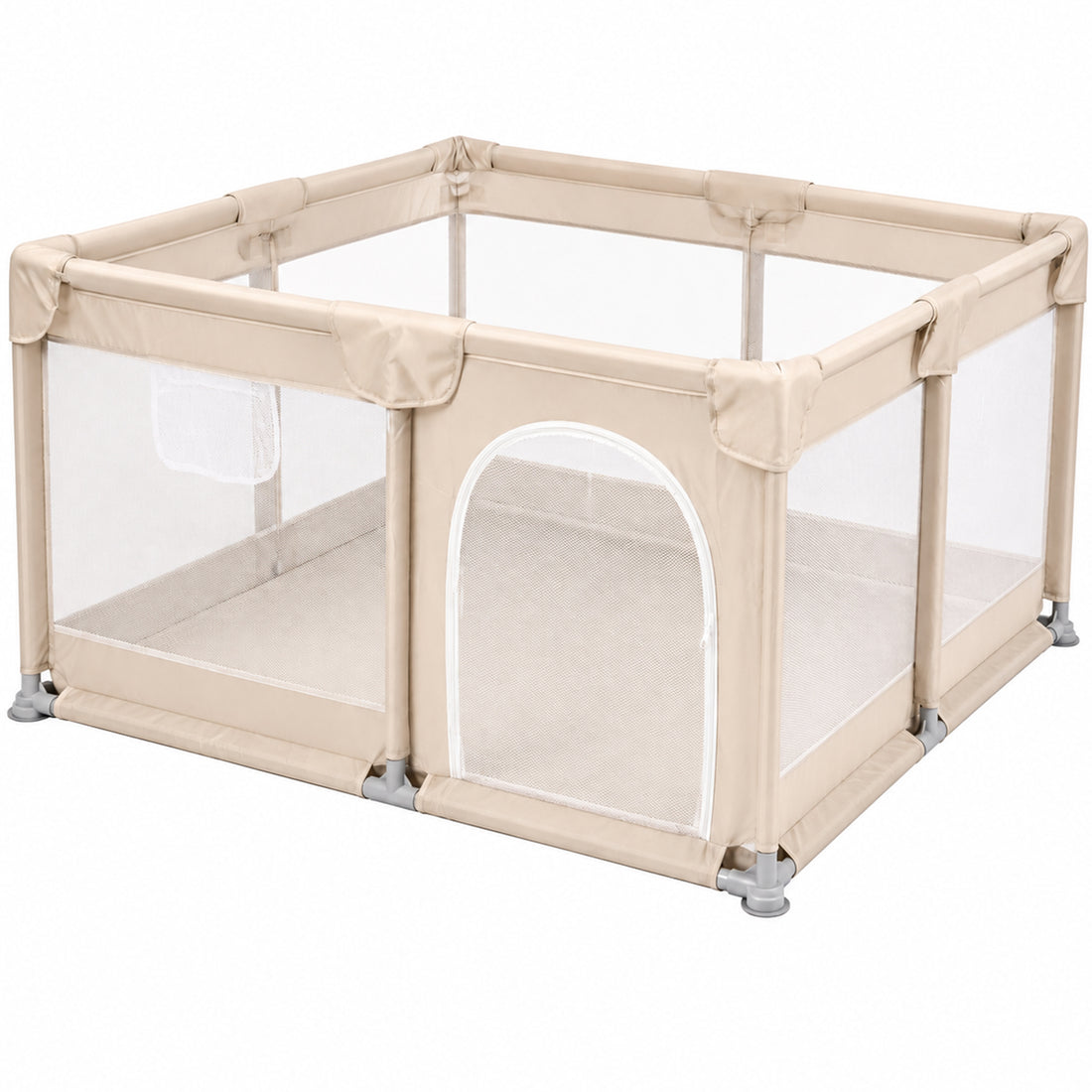 Tarc de Joaca pentru Bebelusi si Copii Elindor® cu Husa Groasa din Spuma, Spatiul Sigur de Joaca, Plasa de Protectie, Include Usa cu Fermoar, Materiale Eco-Friendly și Non-Toxice, Varsta 0-5 ani, 200 x 200 x 65 cm, Bej