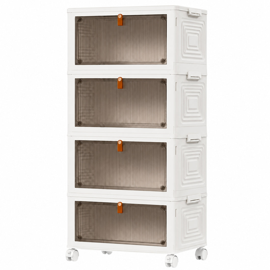 Organizator 4 Nivele Elindor® Carucior cu Roti, Modular, Ajustabil, Raft Mobil Organizare Baie, Camara, Birou, Bar, Dulap pentru Depozitare Legume, Fructe, Detergenti, Parfumuri, Haine, 4x Cutie Detasabila, 39 x 28 x 78.5 cm, Alb
