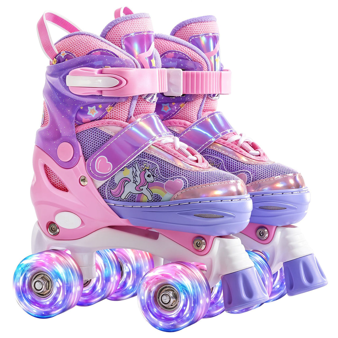 Role Reglabile Elindor® pentru Copii, Fete si Baieti, 4 Roti cu Lumini Quad, Ajutatoare, Rotile din Silicon, Rulmenti ABEC-7, Aluminiu / Poliuretan, Marimea S, 28-31, Model Unicorn, Mov