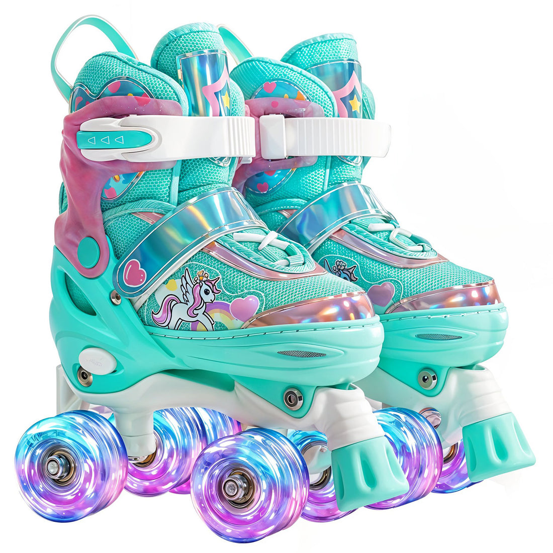 Role Reglabile Elindor® pentru Copii, Fete si Baieti, 4 Roti cu Lumini Quad, Ajutatoare, Rotile din Silicon, Rulmenti ABEC-7, Aluminiu / Poliuretan, Marimea S, 28-31, Model Unicorn, Verde