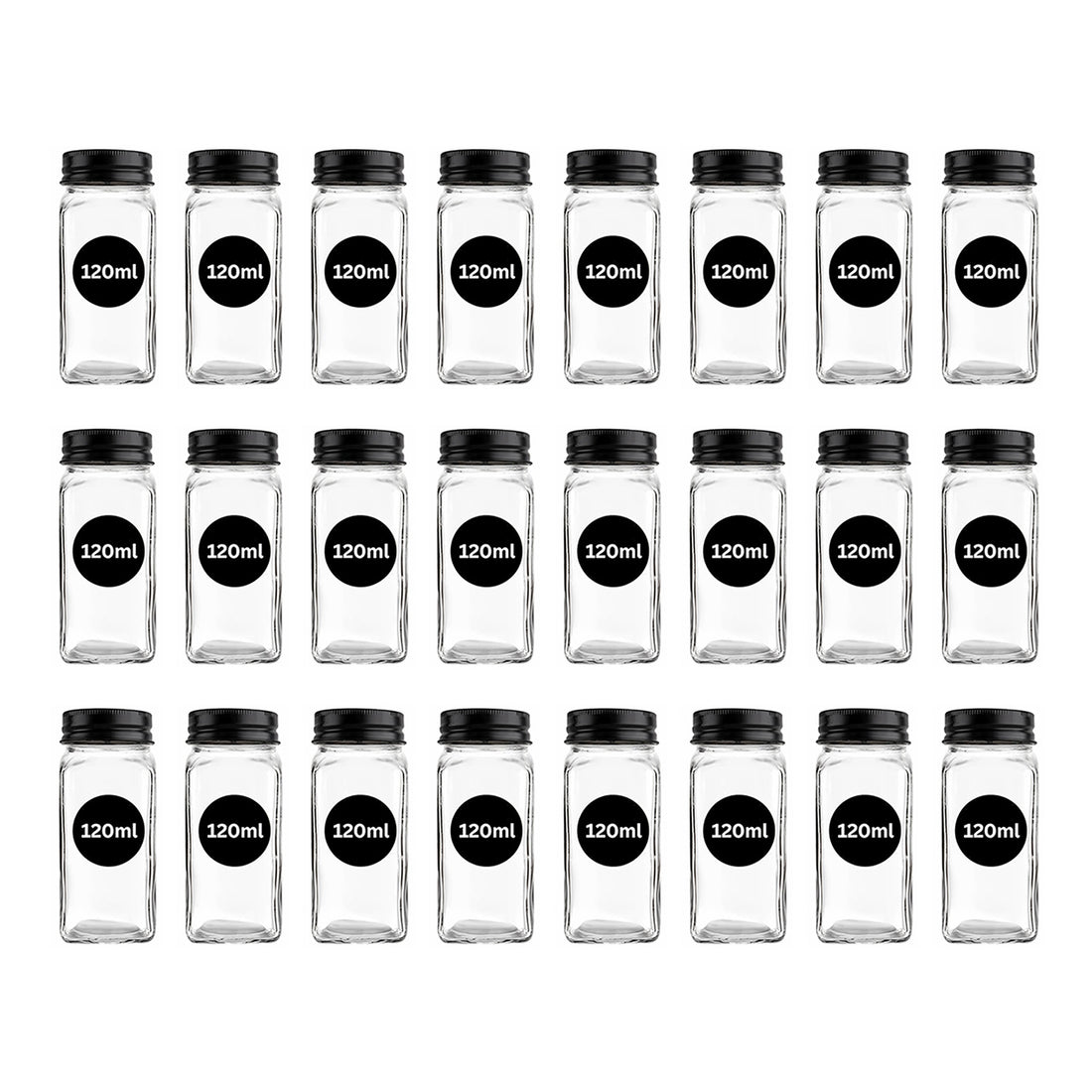Set 24 Recipiente Condimente Elindor® din Sticla cu Capac Metalic Negru, cu Sita, Organizator Bucatarie, Organizatoare Sertar, Borcane 120 ml, 2 Tipuri de Etichete, Palnie Metalica, Transparent
