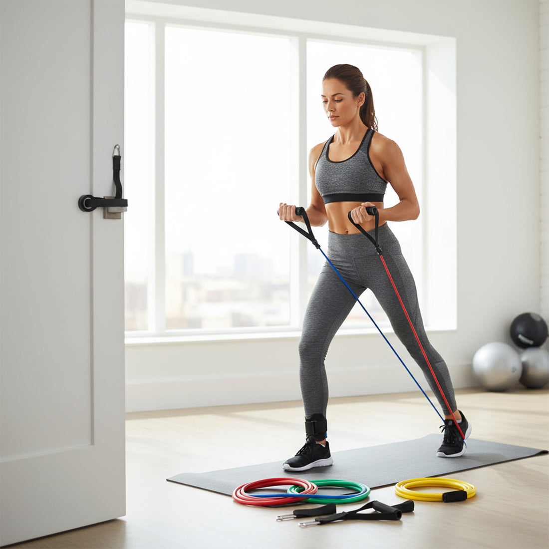 Benzi Elastice pentru Sport Elindor® cu 2 Manere si Ancora pentru Usa, Rezistenta Totala 68 kg, pentru Fitness, Workout, Yoga, Gimnastica de Recuperare, Exercitii Fizice, Aerobic, Pilates, TPE, 222 x 2 cm, Multicolor