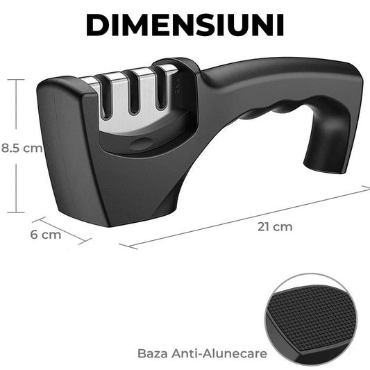 Ascutitor de Cutite Elindor® 3 in 1, Diferite Etape, Ceramica, Piatra Diamant, Otel Tungsten, Baza de Cauciuc Antialunecare, 21x8.5x5 cm, Negru