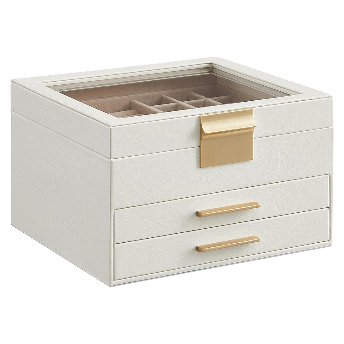 Cutie de Bijuterii Elindor® Organizator pe 3 Niveluri, Sertar x2, Spatiu de Depozitare pentru Inel, Verighete, Lantisoare, Bratari, Cercei, Caseta din Material Catifelat, Design Rafinat, Simplu si Elegant, Piele Ecologica si Catifea, 20 x 23 x 13.5 cm, Al