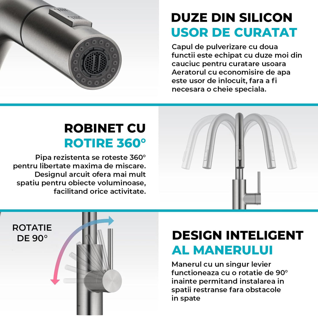 Baterie Bucatarie cu Dus Extractibil Elindor®, Jet Ajustabil, Design Modern, Argintiu