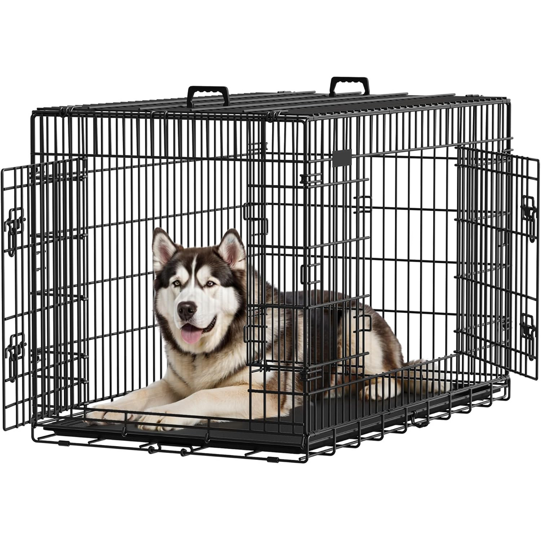 Cusca pentru Animale Elindor® Pliabila, Potrivita pentru Caini de Talie Medie si Mare de 23 Kg, Utilizare in Interior si Exterior sau Calatorii, cu 2 Usi, Baza din Plastic Detasabila, 2 Manere pentru Transport, Marime XXL, 107×69.5×75 cm,