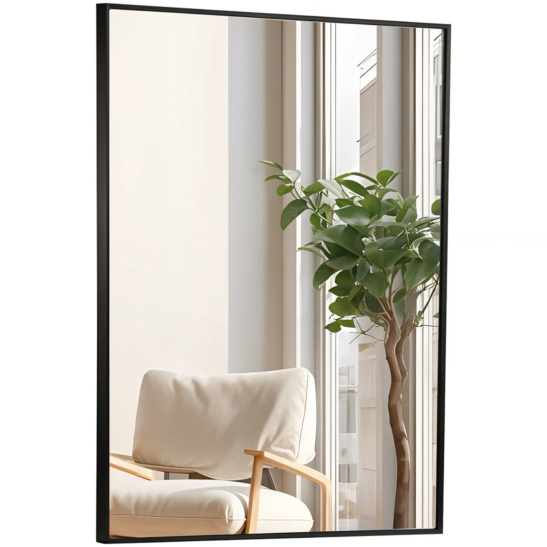 Oglinda Decorativa Elindor® Agatare pe Perete sau Sprijinita, Neagra, Dreptunghiulara, Moderna si Eleganta, Reflexie HD, Sticla fara Distorsiuni, Ideala pentru Dormitor, Living, Birou, Dressing, Hol, Baie, Rama Metalica, 90 x 60 cm