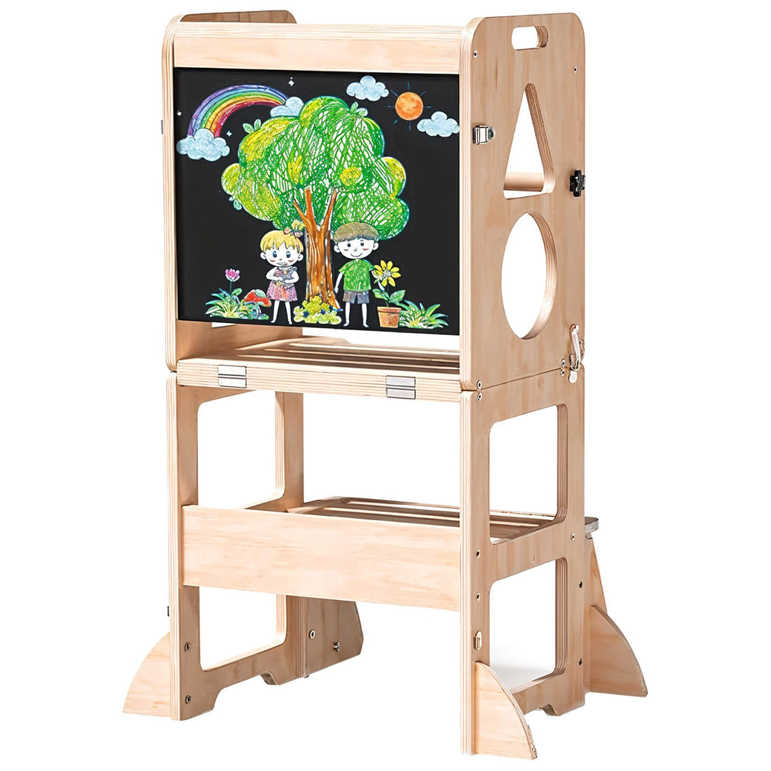 Turn de Invatare Elindor®, Design 3 in 1 Multifunctional pentru Copii, Scaun Montessori Pliabil cu Tabla de Scris, Bare pentru Protectie, Lemn Pin, Antialunecare, pentru Interior, 88 x 32 x 43 cm, Bej / Natur