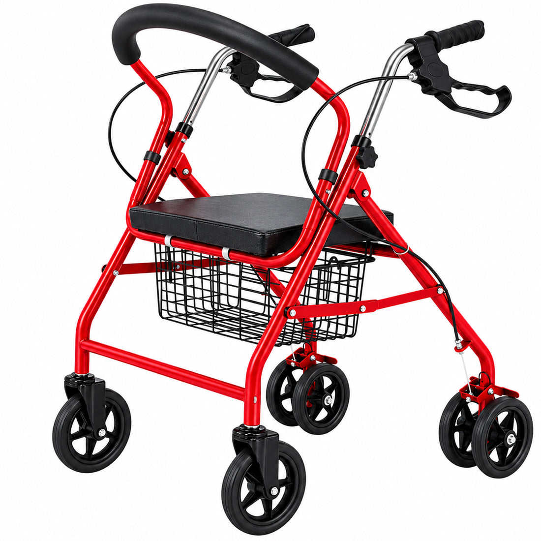 Cadru de Mers Elindor®, Pliabil, cu 4 Roti, Sezut Captusit, Spatar, Frane de Mana cu Blocare, Manere Reglabile pe 4 Niveluri, Cos Depozitare, pentru Persoanele cu Dificultati Locomotorii sau in Etate, Sarcina 120 kg, Rosu