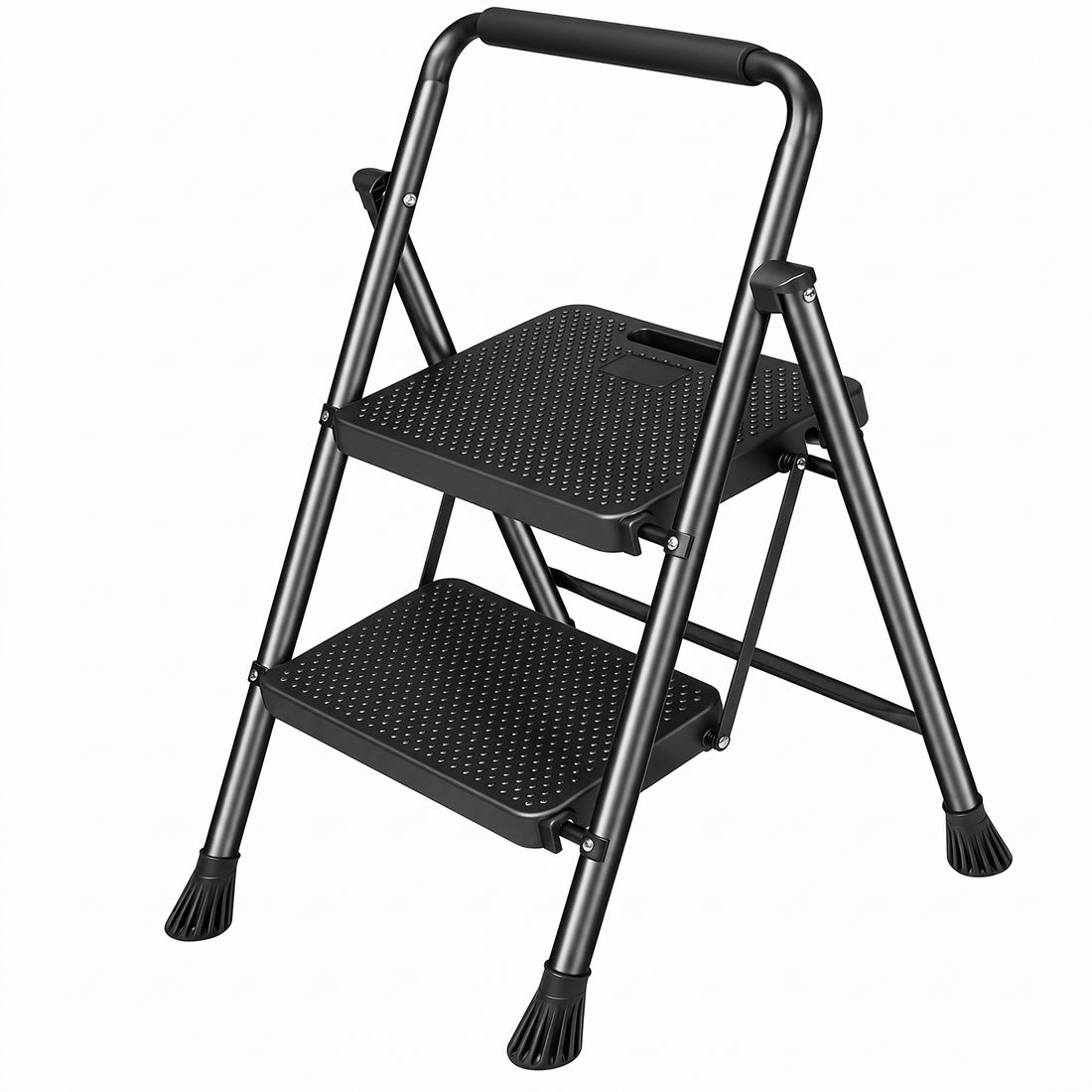 Scara Pliabila Metalica Elindor® cu 2 Trepte, Portabila, cu Pedale Late Antiderapante, Maner de Sprijin, Sistem de Blocare, Picioare Antialunecare, pentru Interior, Uz Casnic, Capacitate 150 kg, 46 x 45 x 80 cm, Negru