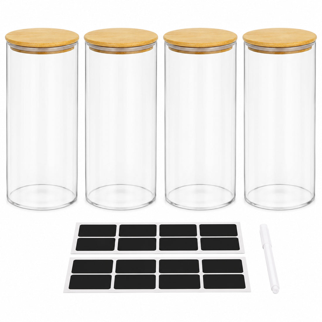 Set 4 Borcane din Sticla Elindor® cu Capac Ermetic din Bambus, Borcan 1400 ml, Marker si Etichete Incluse, Ideal pentru Condimente, Fructe Uscate, Cafea, Zahar, Recipient Depozitare in Bucatarie, 20 × 10 cm, Transparent
