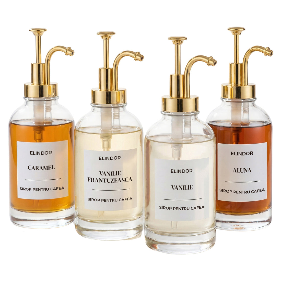 Set 4 Dispensere Sirop Cafea Elindor® din Sticla cu Pompa Aurie Inox si Plastic, Organizator Bucatarie, Organizatoare Sertar, Recipient 500 ml, 22 × 8.1 cm, Transparent