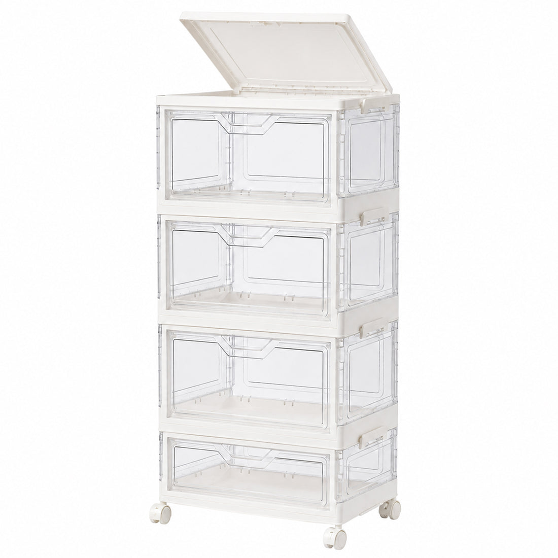 Organizator 4 Nivele Elindor® Carucior cu Roti, Modular, Ajustabil, Raft Mobil Organizare Baie, Camara, Birou, Bar, Dulap pentru Depozitare Legume, Fructe, Detergenti, Parfumuri, Haine, 4x Cutie Detasabila, 38 x 27 x 84 cm, Transparent