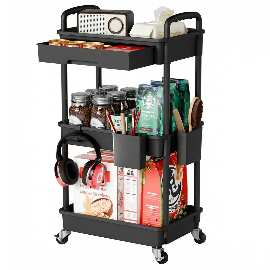 Carucior Organizator 3 Niveluri Elindor®, cu 1 Sertar si Roti 360°, Organizator Bucatarie, Multifunctional, Raft Mobil Organizare Baie, Camara, Birou, Bar,38 x 27 × 74 cm, Negru