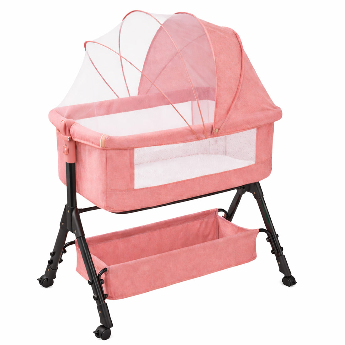 Patut Pliabil Bebelusi Elindor® 3 in 1, Leagan Bebe, Inaltime Reglabila, Portabil, Plasa Laterala, Roti cu Sistem Blocare, 104 x 58 x 80 cm, Roz