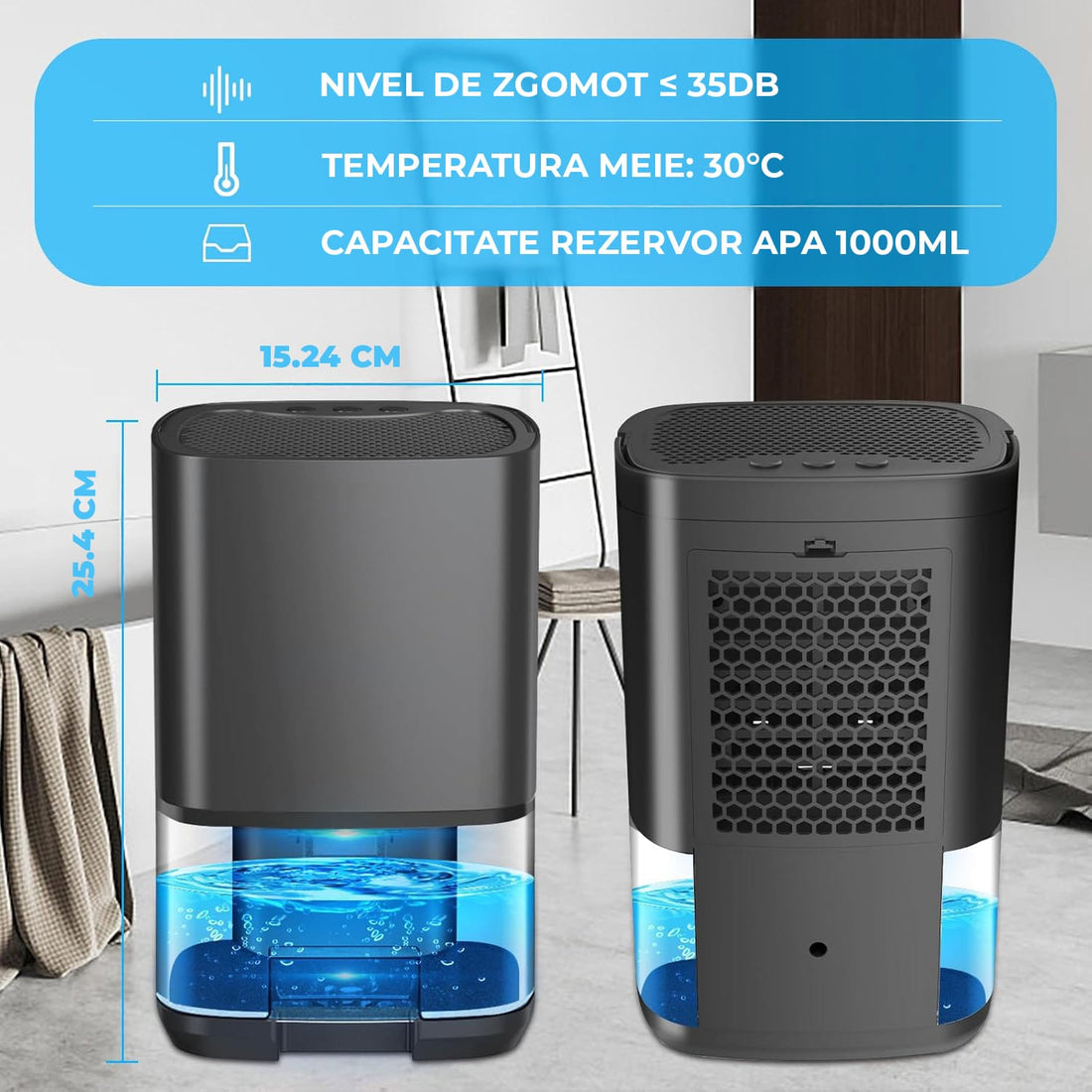 Dezumidificator Portabil Elindor®, Oprire Automată, Rezervor 1L, Lumini LED, Negru