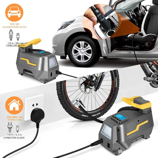 Compresor de Aer Elindor® Portabil cu Display LCD, Alimentare 12V/220V, Gri