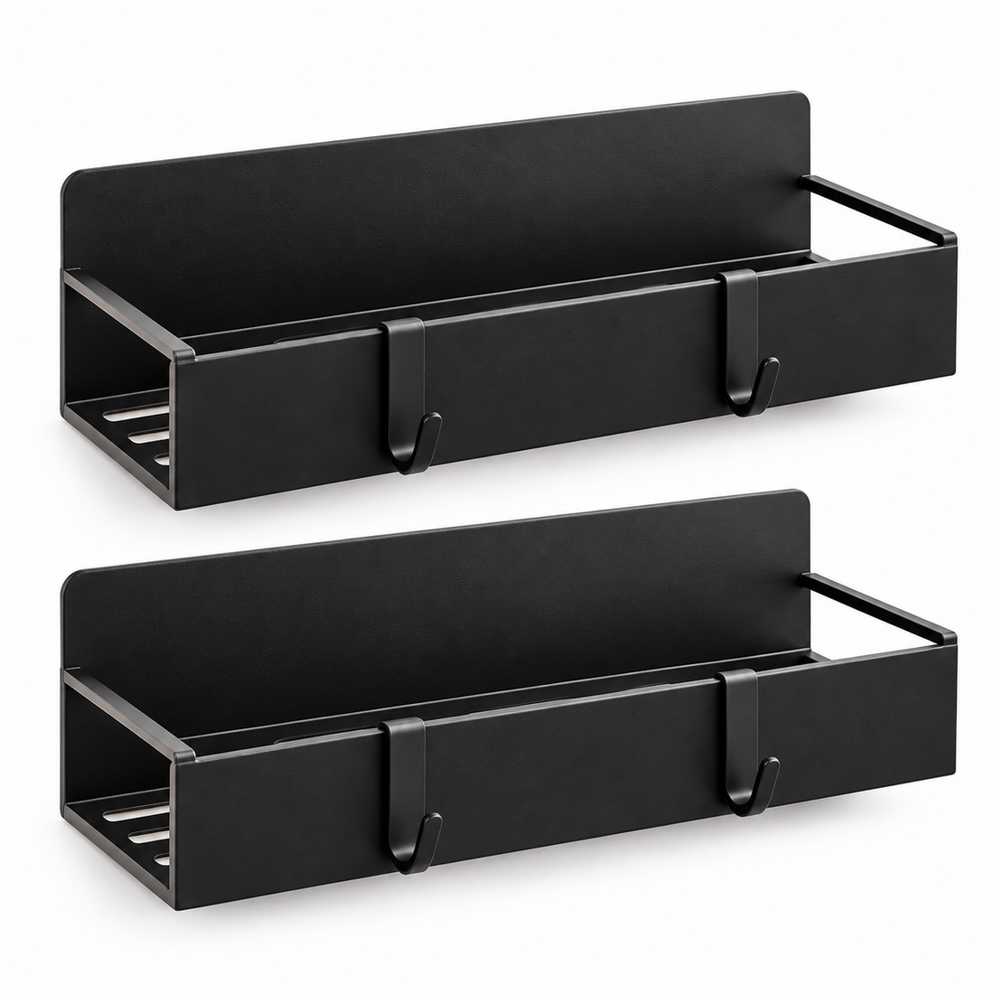 Set 2 Rafturi Magnetice Elindor®, Organizatoare pentru Frigider si Bucatarie, Suporturi de Depozitare din Otel Carbon, Fixare Magnetica Fara Gaurire, Baza cu Plasa Metalica, 4 Carlige pentru Accesorii, 29.5 x 7.5 x 9.5 cm, Negru