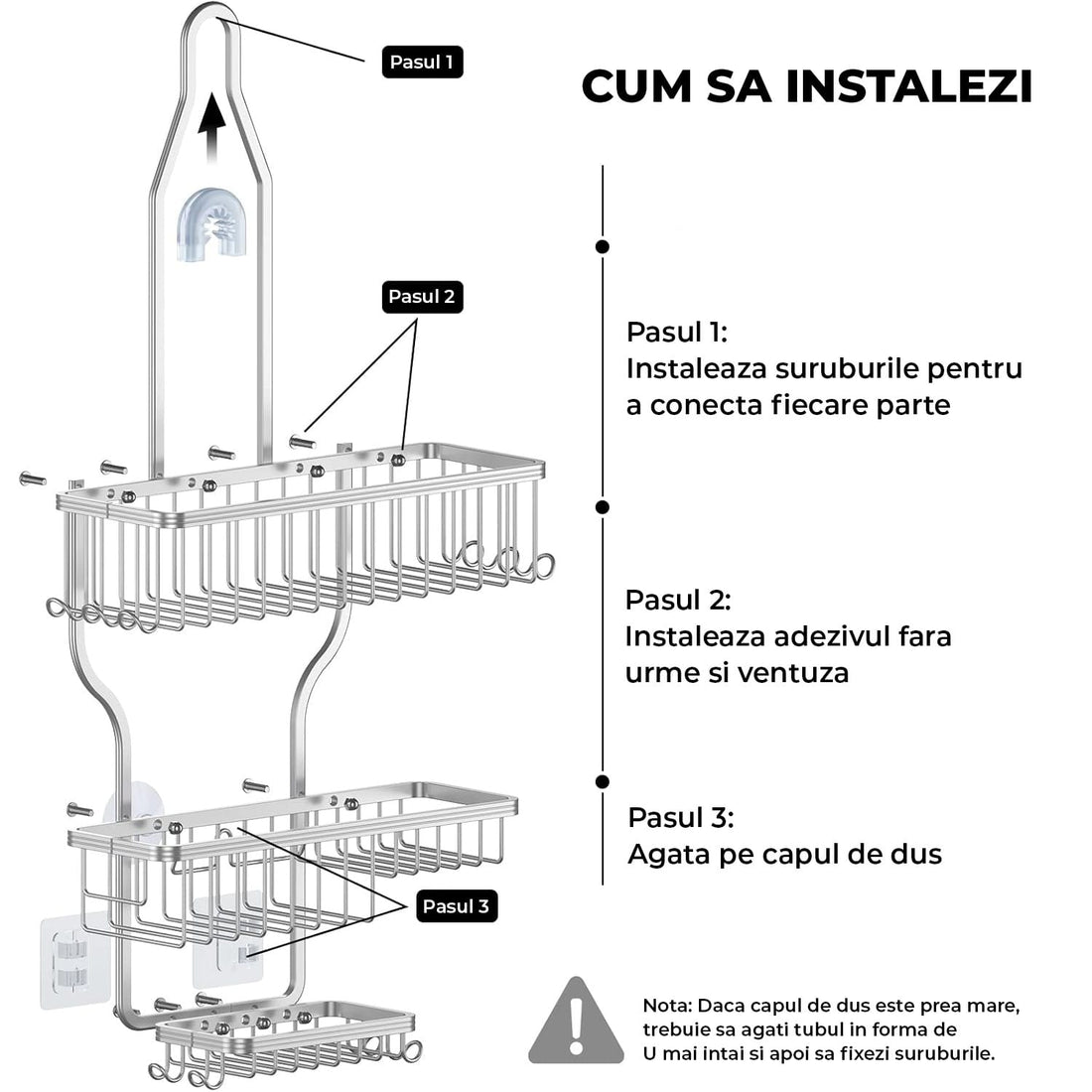 Ghid de instalare pentru suport de duș din aluminiu