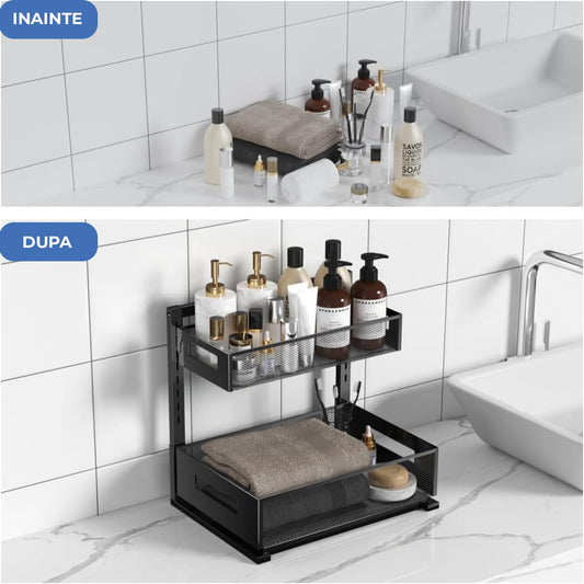 Organizator metalic pentru baie cu două niveluri, ideal pentru depozitarea produselor de îngrijire personală, săpunuri și prosoape.