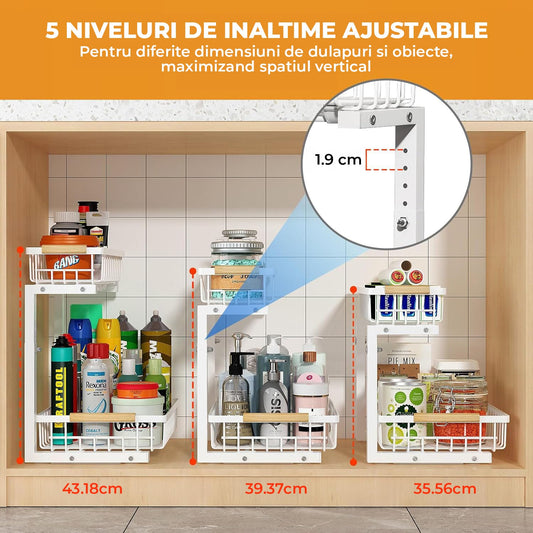 Raft glisant metalic cu 2 niveluri pentru optimizarea spațiului în bucătărie.