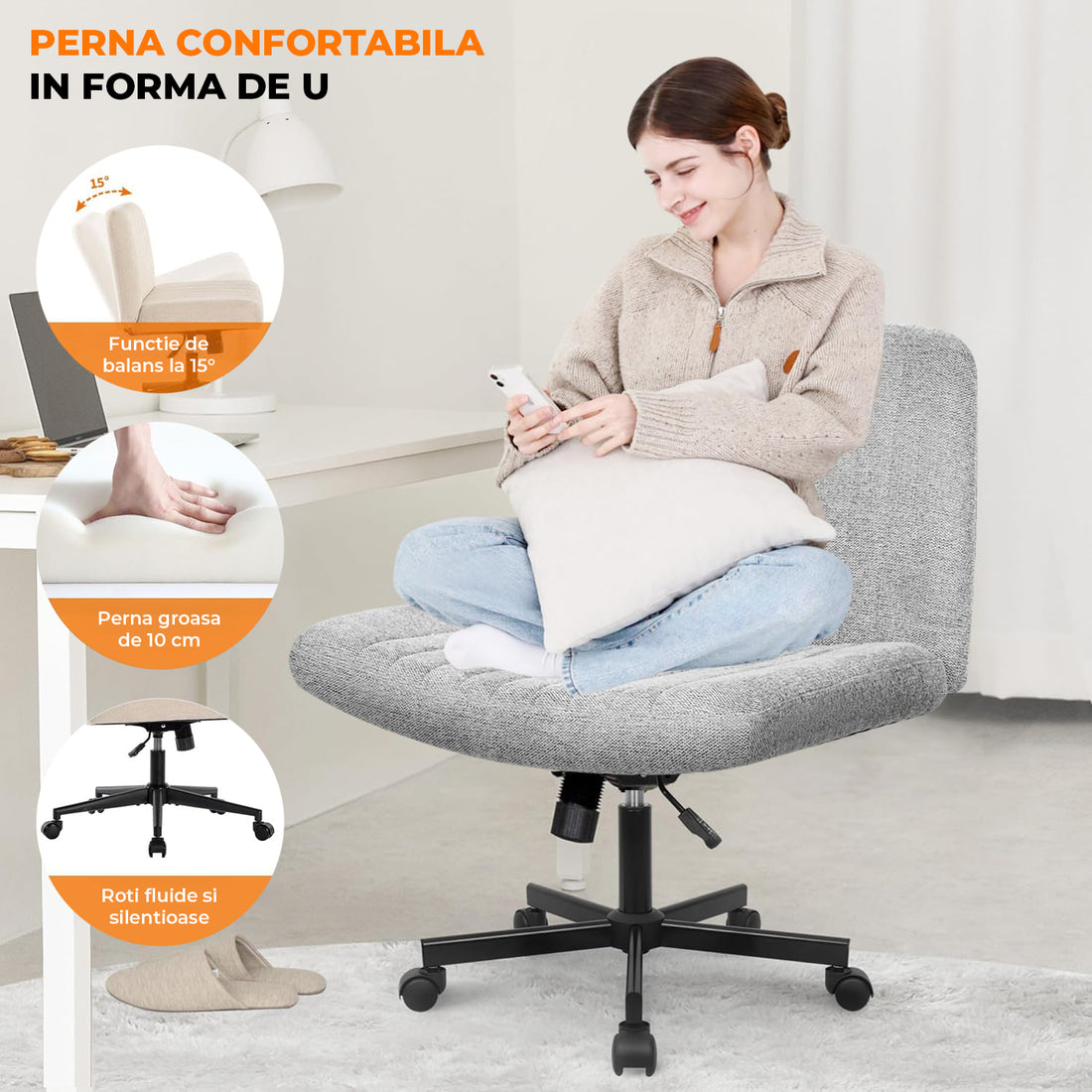 Scaun Birou Ergonomic Elindor® Rotativ 360°, fara Manere, cu Spatar Design Compact, Confortabil, Scaune in Stil Modern cu Roti, Picioare Metalice, Reglaj Balansare, Inaltime Ajustabila, 56 × 67 × 92 cm, Gri