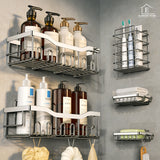 Set 5 Rafturi de Dus Elindor® Polita cu Adeziv, Etajera de Baie, Raft cu Carlige, din Otel Inoxidabil, Suport Prosop si Sapun, Organizator Baie sau Etajere Depozitare in Bucatarie, Accesorii Sanitare, Argintiu