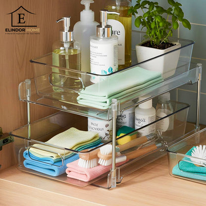 Organizator Transparente Elindor® cu 2 Nivele, Recipient de Depozitare Multifunctional si Glisant, Organizator pentru Dulapul de sub Chiuveta din Baie si Bucatarie, 30 × 19 × 25.5 cm, Acrilic