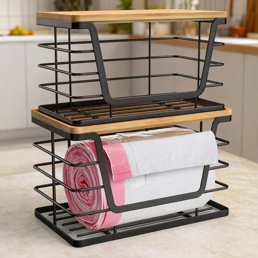 Set 2 Cosuri Depozitare Elindor® cu Capac, Organizator Metalic pentru Bucatarie si Baie, Organizatoare Stivuibile Dulap, Cutii pentru Camara, Baie, Bar, Birou, Cos Multifunctional, Separator Fructe, Legume, Parfumuri, Creme, Bambus