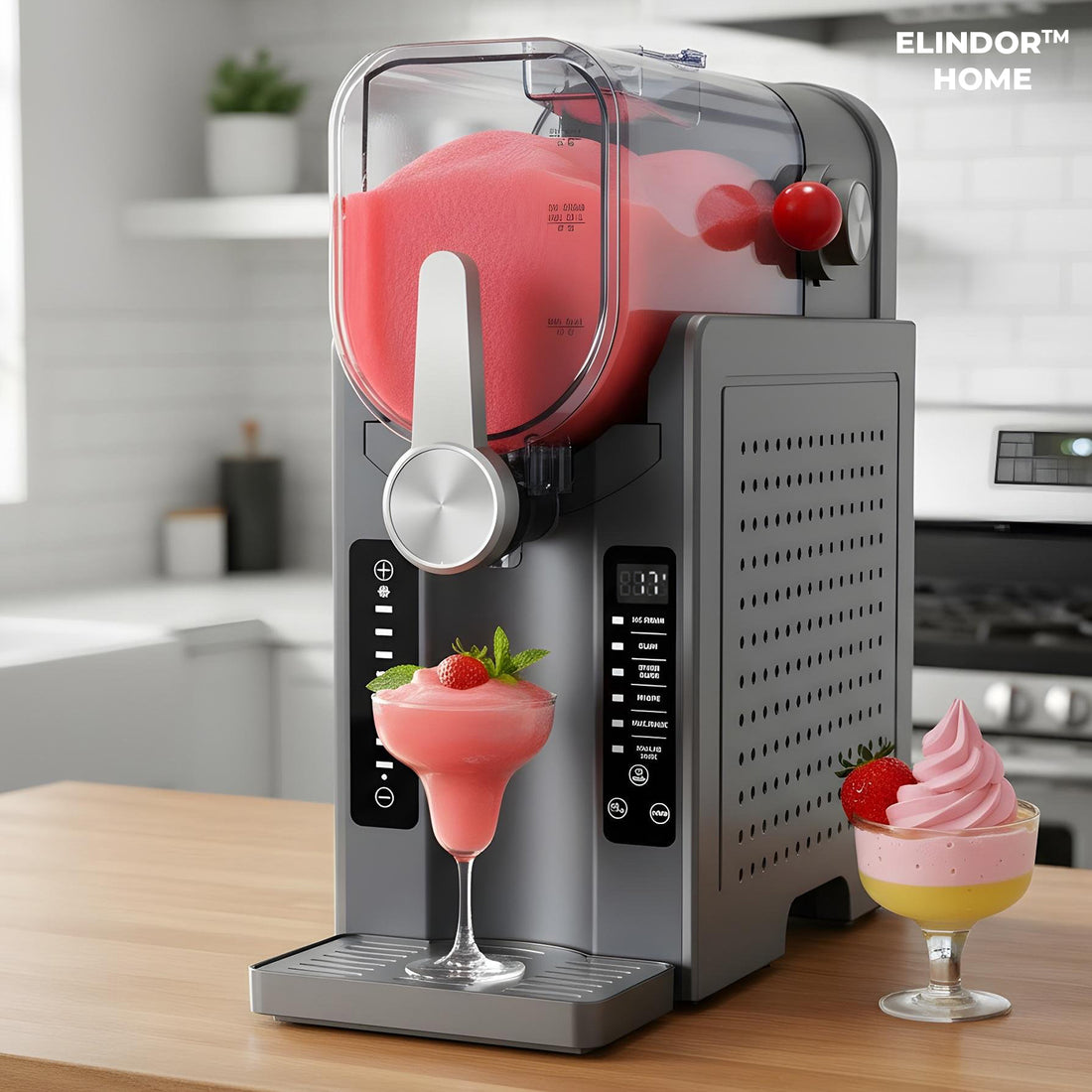 Masina Slushie Elindor® fara Gheata, 6 Programe Automate, Ecran LED, Auto Curatare, Capacitate 2 L, Otel Inoxidabil 304 + ABS, Racire Rapida 15-60 Min, Bauturi Inghetate, Smoothie, Frappe, Milkshake, 44.5 × 44 × 21 cm, Negru