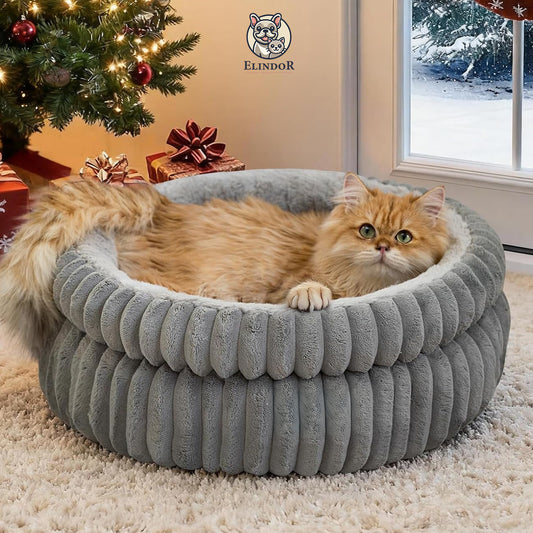 Pat Confortabil pentru Caini si Pisici Elindor® Rotund, Culcus Moale Antiderapant, din Microfibra si Bumbac, Lavabil Complet la Masina, Potrivit pentru Caine si Pisica de Talie Mica, Ideal in Orice Anotimp, in Casa, 50 x 50 x 20 cm, Gri