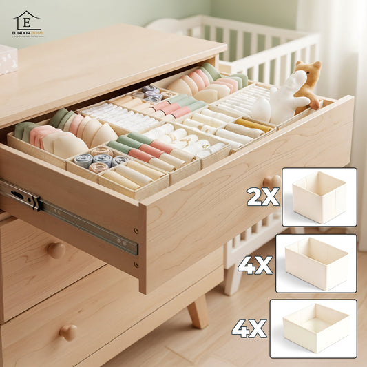 Set 10 Cutii Depozitare Elindor® Pliabile, 4 Mari, 4 Medii, 2 Mici, Organizator pentru Dormitor Studentesc, Organizatoare pentru Dulap, Cutie Organizare, Cos Multifunctional, Separator Haine, Jucarii, Potrivit pentru Bucatarie, Baie, Birou, Bej