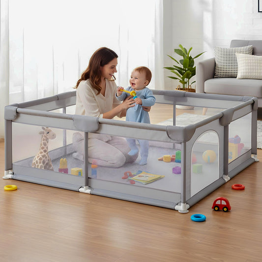 Tarc de Joaca pentru Bebelusi si Copii Elindor® cu Husa Groasa din Spuma, Spatiul Sigur de Joaca, Plasa de Protectie, Include Usa cu Fermoar, Materiale Eco-Friendly și Non-Toxice, Varsta 0-5 ani, 127 x 127 cm, Gri