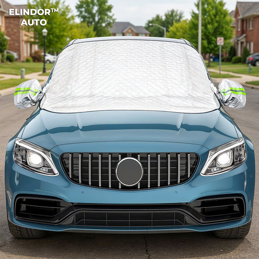 Parasolar Auto Elindor® pentru Parbriz si Oglinzi, Magnetic cu 9 Magneti, cu Banda Reflectorizanta, Material cu 4 Straturi, Universal, Folie pentru Protectie Soare, Anti-inghet, Pliabil, Usor de Depozitat, Accesorii Masina Exterior, 157 x 126 cm, Argintiu