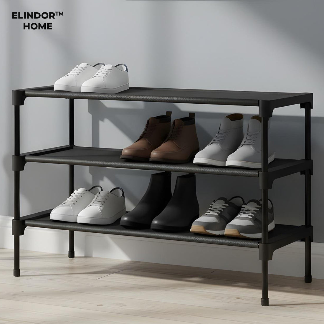 Organizator pentru Pantofi Elindor® Pantofar cu 3 Nivele Mari, Fara Gauri, Suport Metalic pentru Papuci, Dulap Hol, Dormitor, Economisire Spatiu, Depozitare Incaltaminte, 30 × 70 × 47 cm, Negru