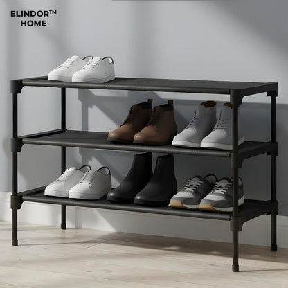Organizator pentru Pantofi Elindor® Pantofar cu 3 Nivele Mari, Fara Gauri, Suport Metalic pentru Papuci, Dulap Hol, Dormitor, Economisire Spatiu, Depozitare Incaltaminte, 30 × 70 × 47 cm, Negru
