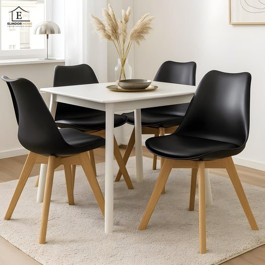 Set 4 Scaune Bucatarie Elindor® din Piele Ecologica, Picioare din Lemn, Scaun Confortabil, Perna Sezut, Elegant, pentru Bucatarie, Dormitor, Living, Negru