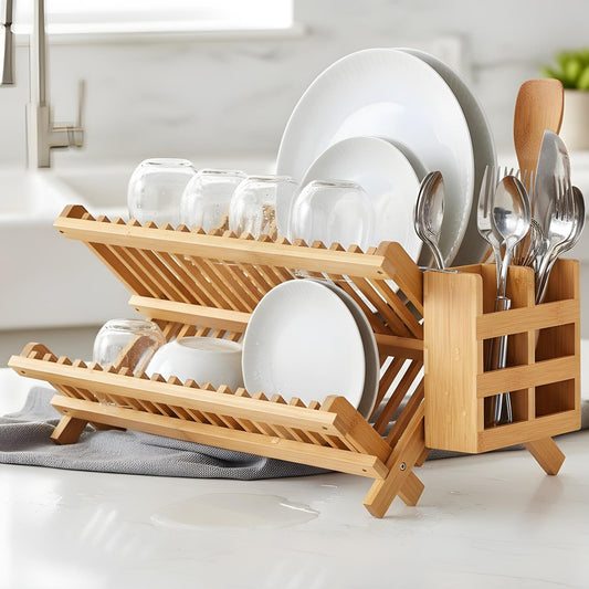 Scurgator Vase Pliabil Elindor® Suport Vesela Chiuveta Incorporabil, Uscator Ideal pentru Farfurii, Capace Oale, Tigai, Pahare, Tacamuri, cu Scurgere Automata si Ventilatie Completa, Organizator Bucatarie Multifunctional, Bambus, 41 x 25x 24.5 cm, Bej