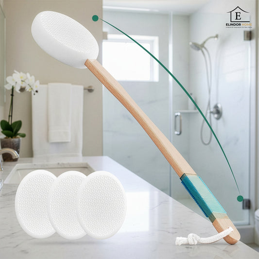 Aplicator pentru Lotiune Elindor® de Spate, 4 Paduri / Bureti Interschimbabili Eva, Maner Curbat 43 cm, pentru Autoaplicare Crema, Ulei, Protectie Solara, si pentru Picioare, Maini, Corp, Alb