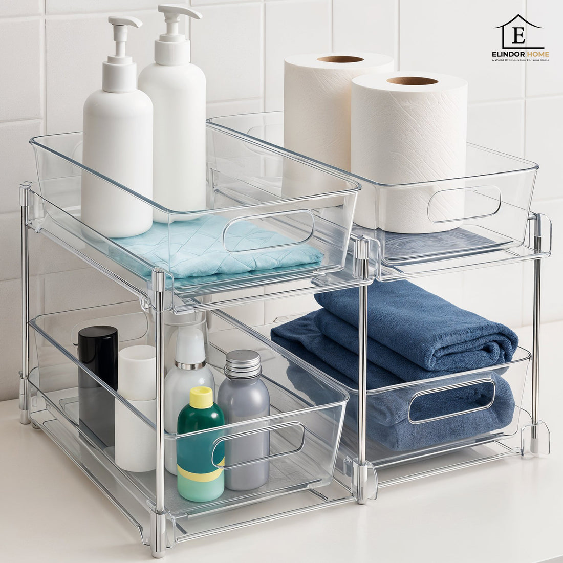 Set 2 Organizatoare Transparente Elindor® cu 2 Nivele, Recipient de Depozitare Multifunctional si Glisant, Organizator pentru Dulapul de sub Chiuveta din Baie si Bucatarie, 30 × 19 × 25.5 cm