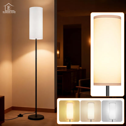Lampa de Podea Elindor® Veioza cu Abajur Tesatura, Lumina Calda, Soclu Compatitbil E26, Structura Metalica, pentru Camera de Zi, Dormitor, Sufragerie, Birou, Hol, Picior 194 x Baza 22 cm, Alb