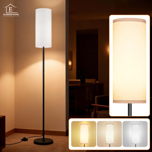 Lampa de Podea Elindor® Veioza cu Abajur Tesatura, Lumina Calda, Soclu Compatitbil E26, Structura Metalica, pentru Camera de Zi, Dormitor, Sufragerie, Birou, Hol, Picior 194 x Baza 22 cm, Alb