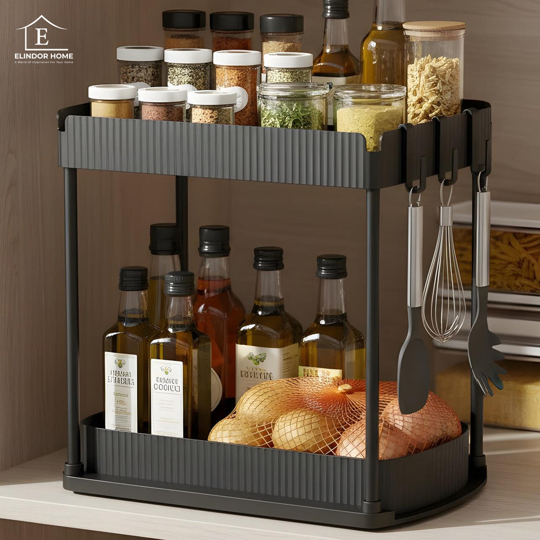 Organizator Elindor® cu 2 Nivele, Recipient de Depozitare Multifunctional si Glisant, Organizator pentru Dulapul de sub Chiuveta din Baie si Bucatarie, 20.3 x 38 x 32.5 cm, Negru